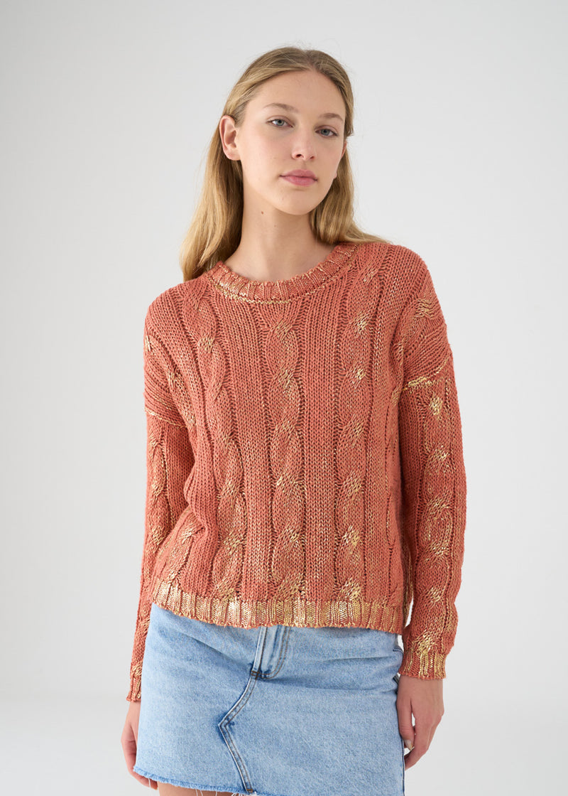 Metallic Cotton Cable Sweater - Gold + Peach