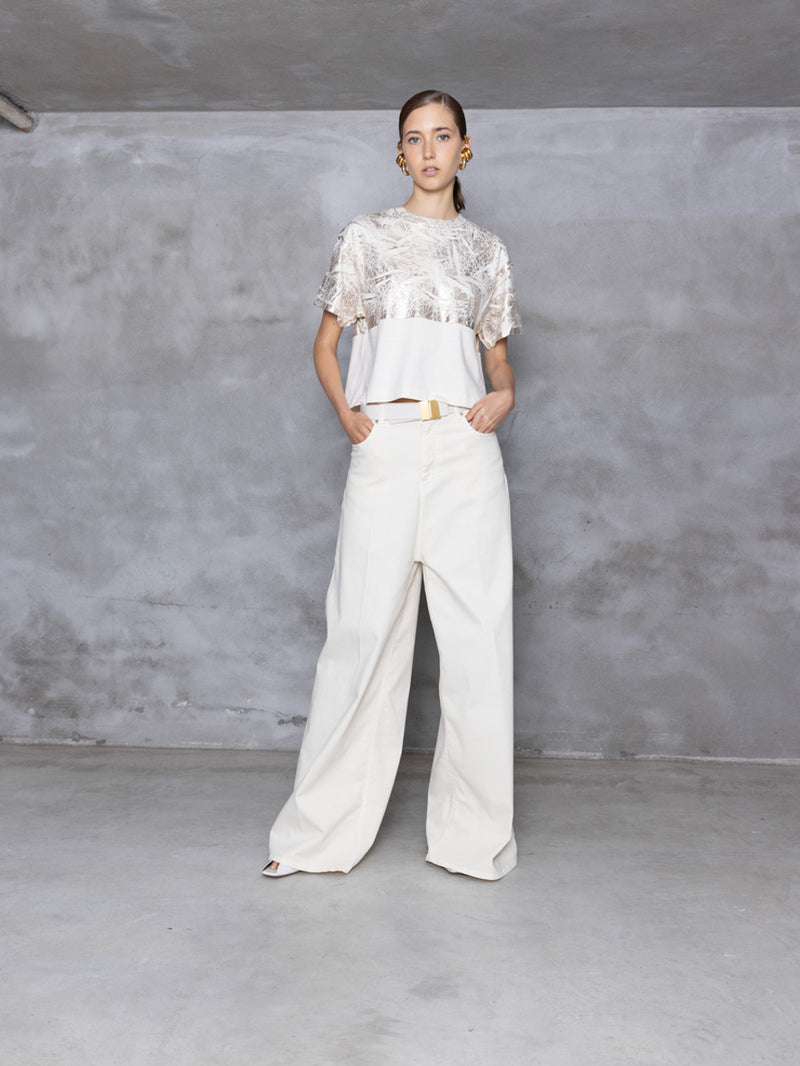 NUDE Ivory + Gold Foil Metallic Boxy Tee Timeless Martha's Vineyard 