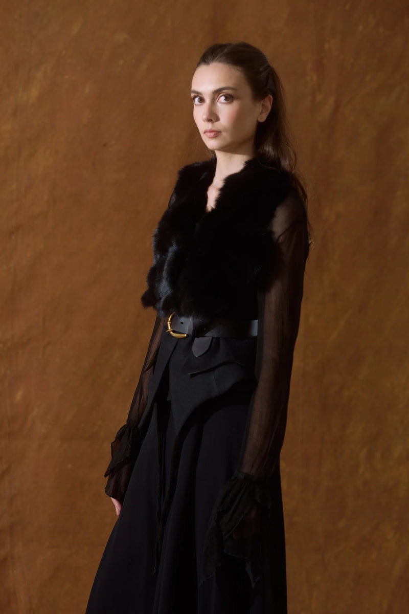 T.ba Short Black Wool Tweed Fur Collar Verdi Vest Timeless Martha's Vineyard 