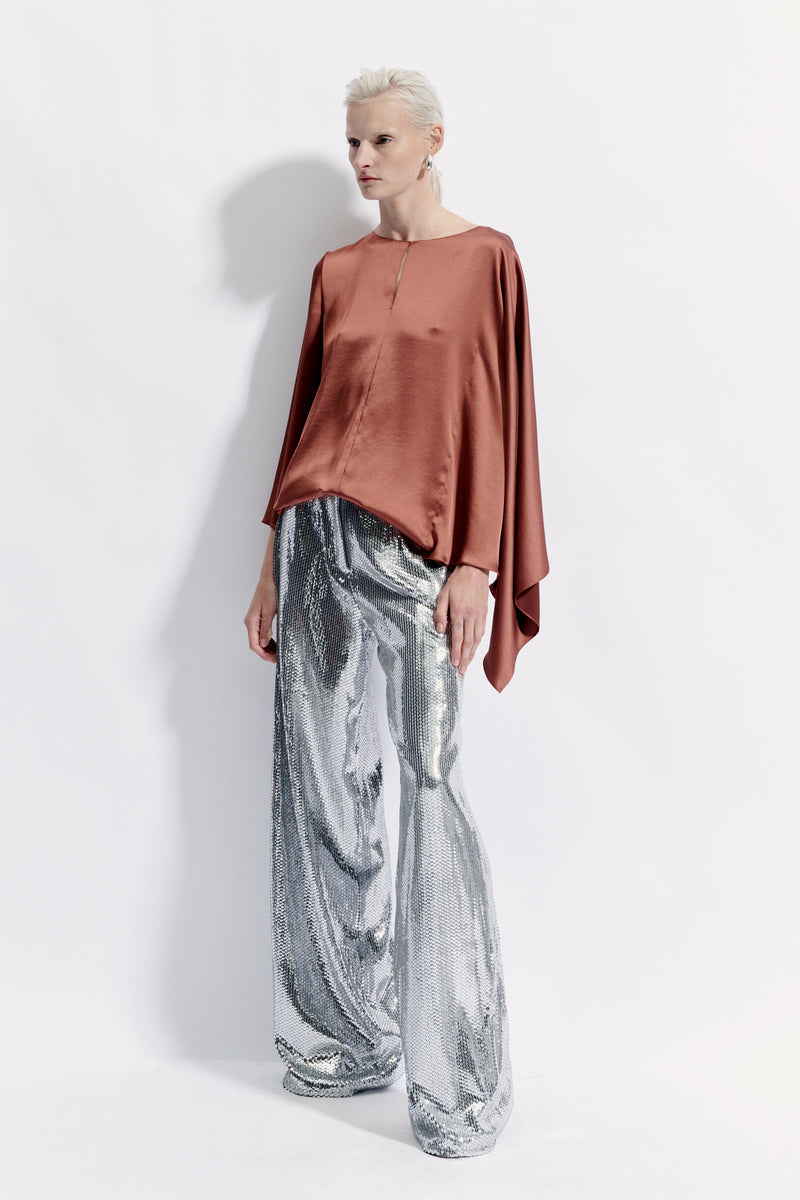 Natan Carlos Navy Asymmetrical Satin Blouse Timeless Martha's Vineyard 