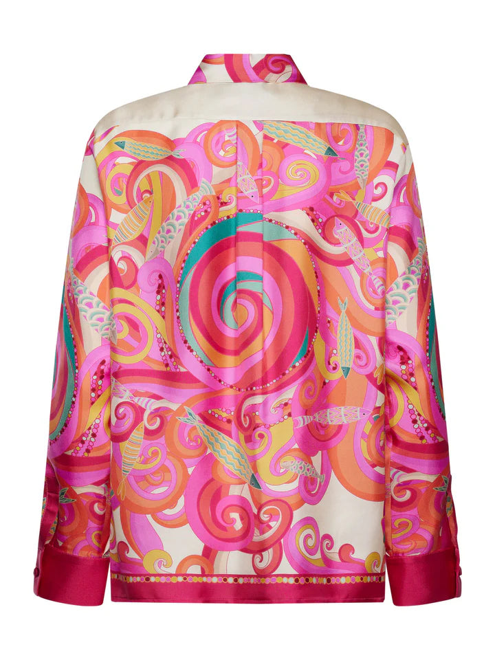 Franco Ferrari Aloe Waves Print Button Down Silk Shirt Timeless Martha's Vineyard 