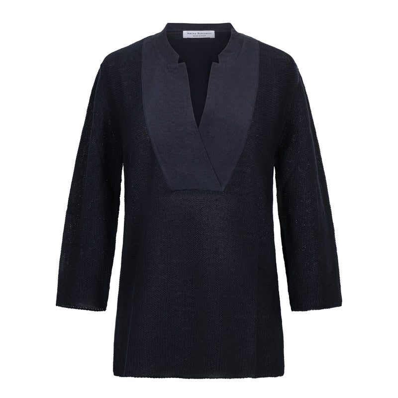 Amina Rubinacci Occidente Navy Cotton Linen V-Neck Sweater Timeless Martha's Vineyard 