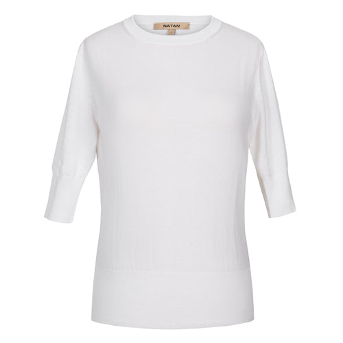 Natan Land White Knit Elbow Sleeve Jewel Neckline Top Timeless Martha's Vineyard 