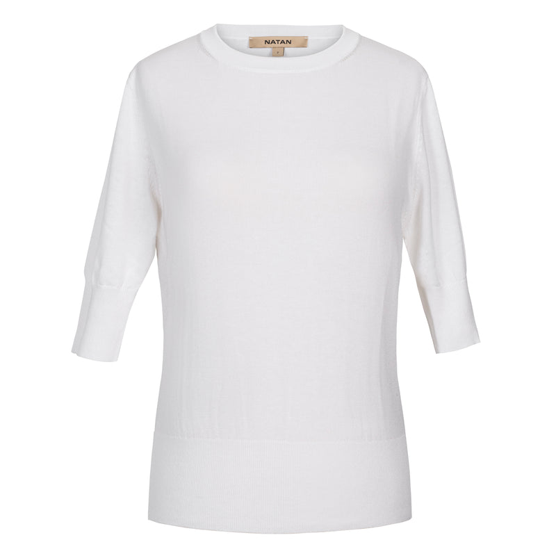 Natan Land White Knit Elbow Sleeve Jewel Neckline Top Timeless Martha's Vineyard 