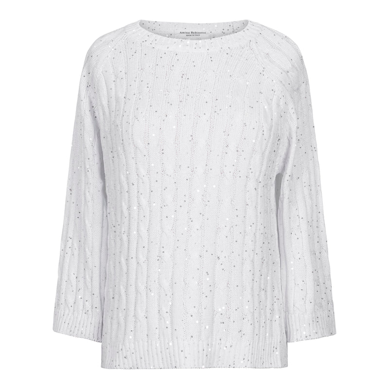 Amina Rubinacci San Marino Sequins Cable Knit Sweater - White Timeless Martha's Vineyard 