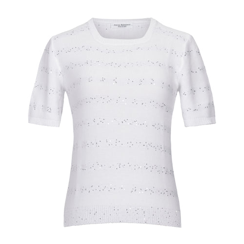 Amina Rubinacci Savona Sequins Stripe Organic Cotton Sweater - White Timeless Martha's Vineyard 