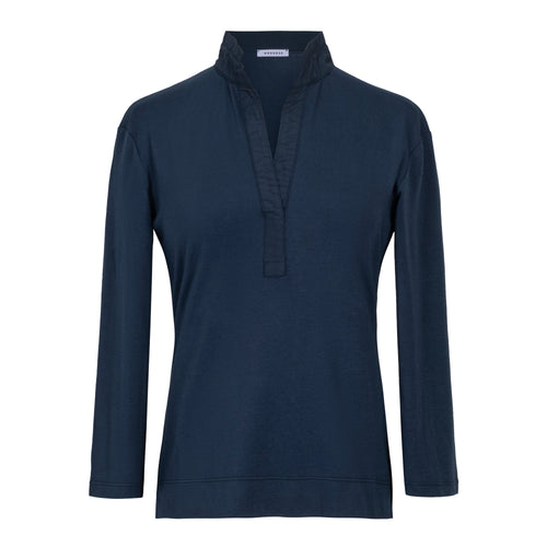 Rosso35 Cotton 3/4 Sleeve Fitted Collared Navy Top Timeless Martha's Vineyard 