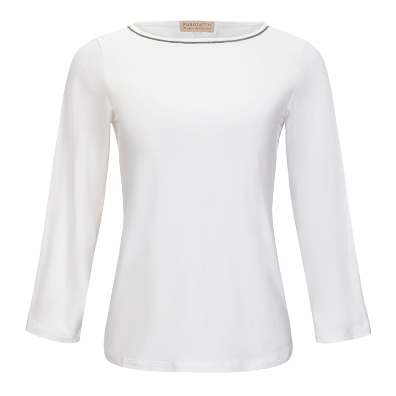 Purotatto White Boat Neck Shirt with Metallic Piping Timeless Martha's Vineyard 