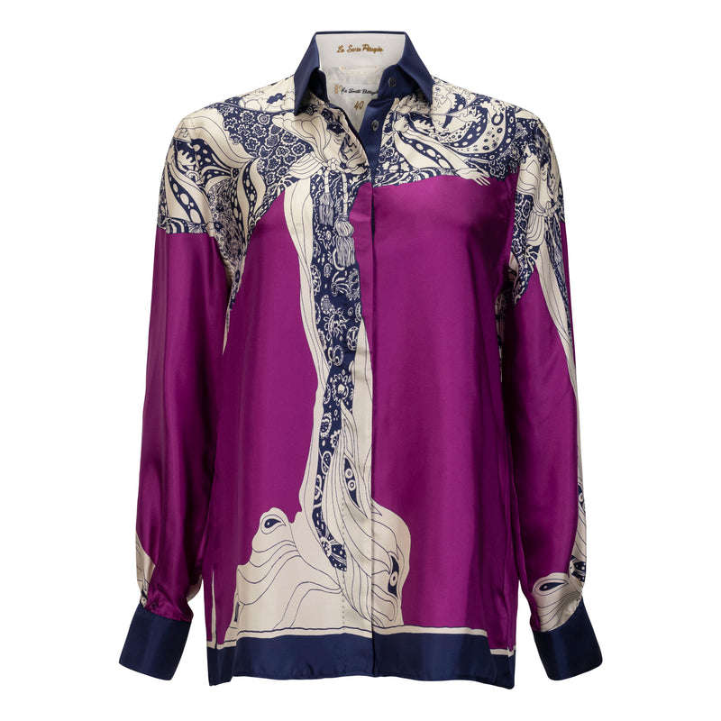 Le Sarte Pettegole  Purple + Ivory Silk Fairy Print Blouse Timeless Martha's Vineyard 