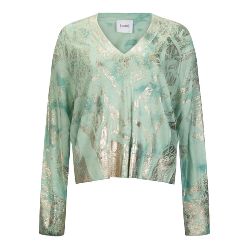 NUDE Metallic V-Neck Teal + Gold Foil Sweater Timeless Martha's Vineyard