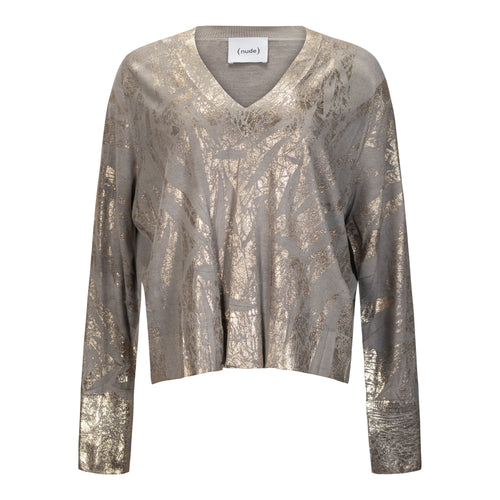 NUDE Grey + Gold Foil Metallic V-Neck Sweater Timeless Martha's Vineyard 
