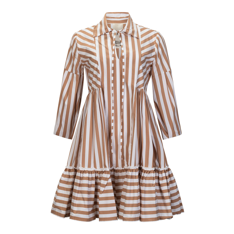 
MILVA MI White + Beige Short Striped Long Sleeve Dress Timeless Martha's Vineyard 

