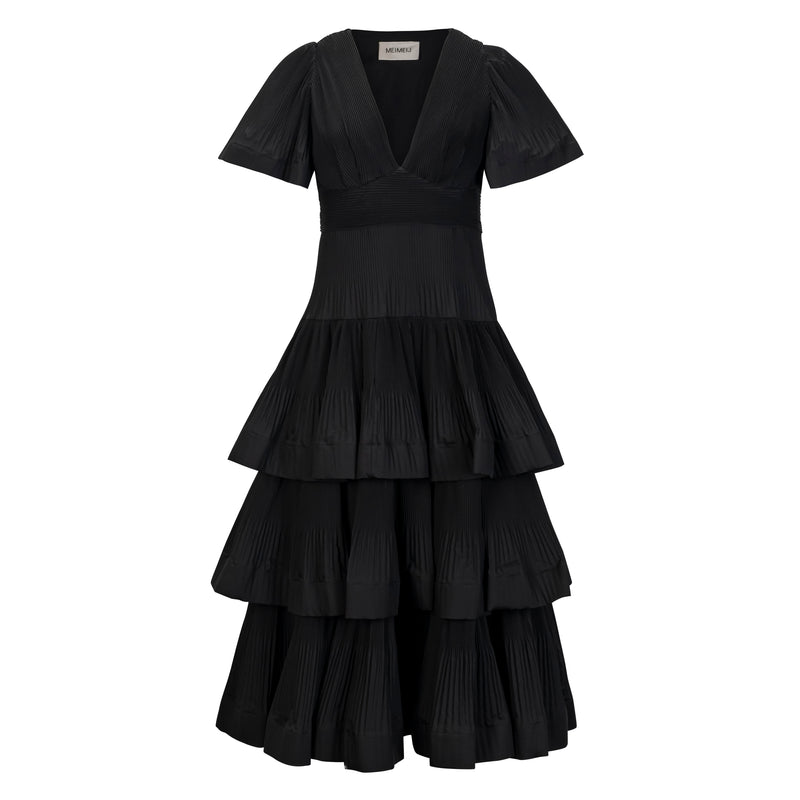 Meimeij Black Fluted Pleated Midi Dress Timeless Martha's Vineyard 