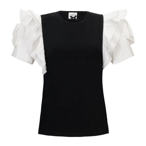 Edward Achour Fitted Ruffle Cap Sleeve Black White Top Timeless Martha's Vineyard 