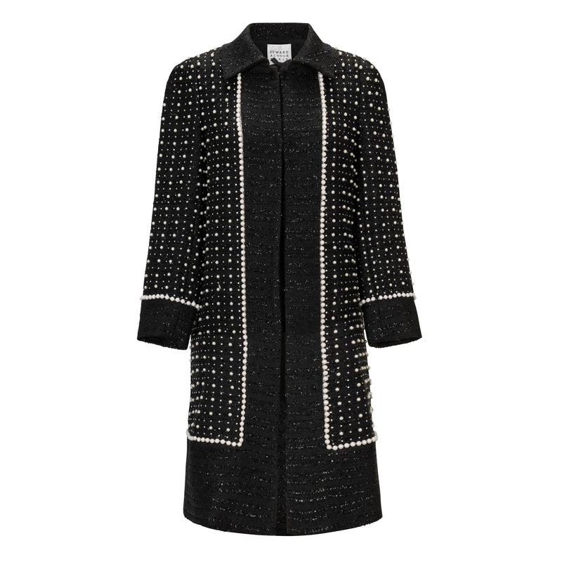 Edward Achour Pearl Embellished Black Tweed Coat Timeless Martha's Vineyard 