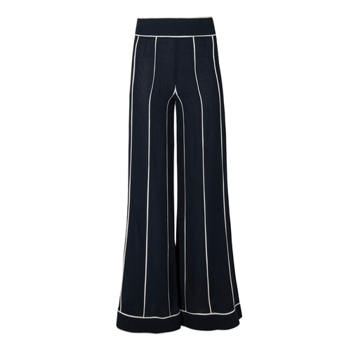 Edward Achour Navy Wide Leg Pants with Striped Piping Timeless Martha's Vineyard 