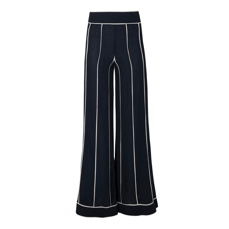 Edward Achour Navy Wide Leg Pants with Striped Piping Timeless Martha's Vineyard 