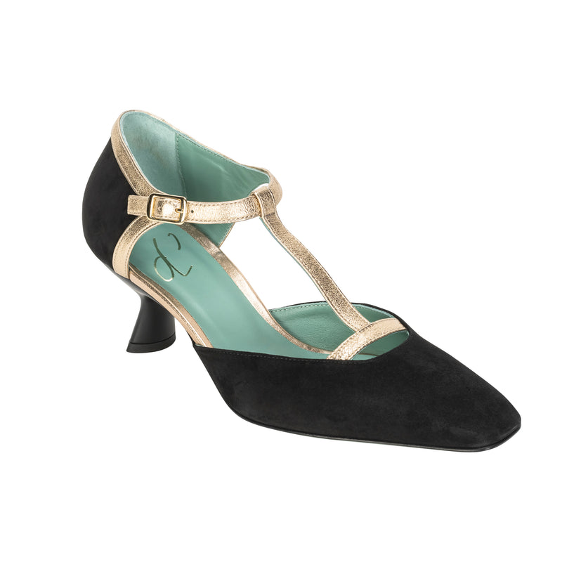 Paola D'Arcano Clarisse Heel - Black and Gold Timeless Marthas Vineyard