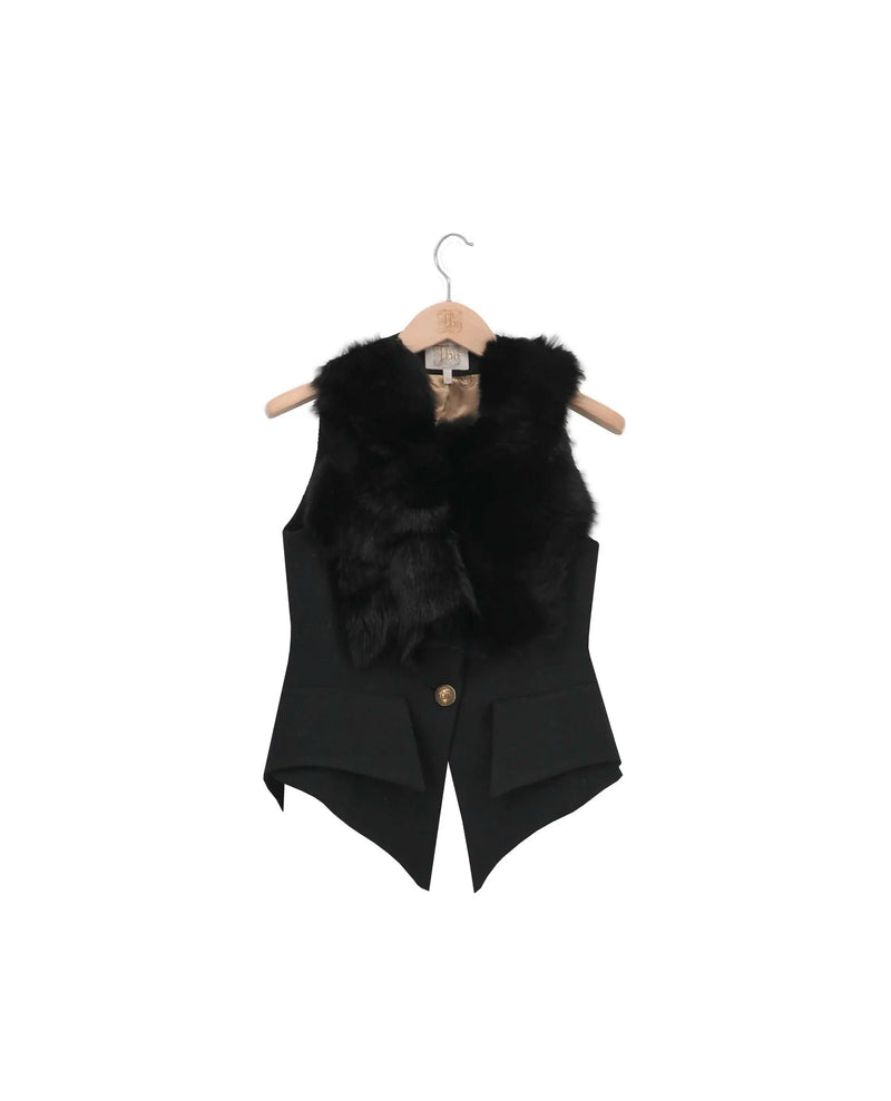 T.ba Short Black Wool Tweed Fur Collar Verdi Vest Timeless Martha's Vineyard 