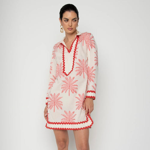 Lavi Metallic Red and Ivory Palm Print Tunic Dress Timeless Martha's Vineyard 