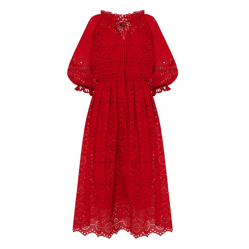 Sfizio Red Puff SLeeve Fit and Flare Eyelet Dress Timeless Martha's Vineyard 