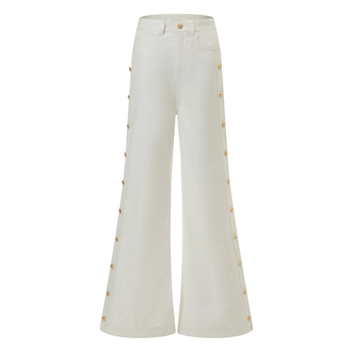 Edward Achour Wide Leg Ivory Jeans with Gold Button Timeless Martha's Vineyard 