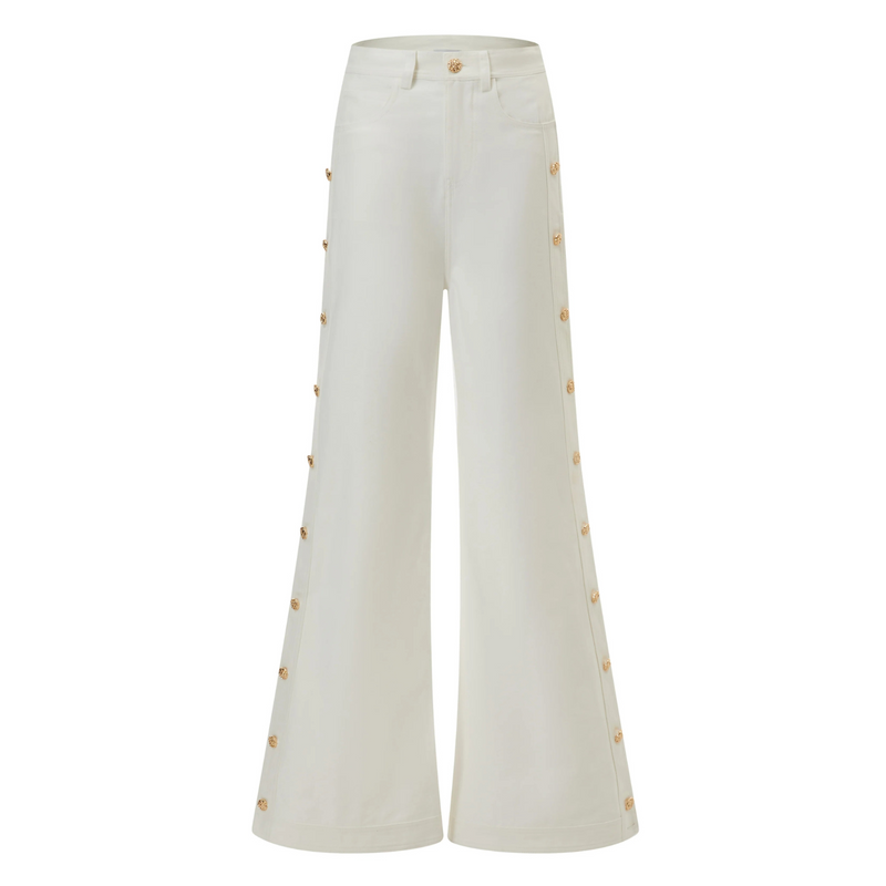 Edward Achour Wide Leg Ivory Jeans with Gold Button Timeless Martha's Vineyard 