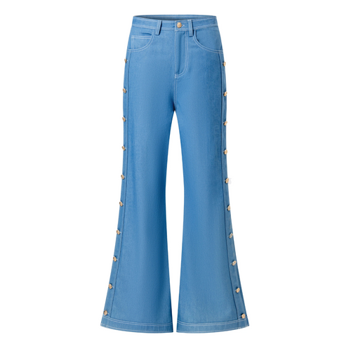 Edward Achour Wide Leg Denim Pants with Gold Buttons Timeless Martha's Vineyard 