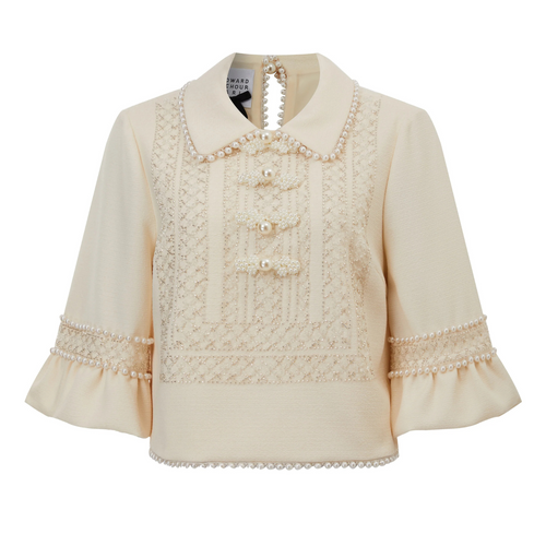 Edward Achour Ivory Pearl Embellished Cropped Tweed Top Timeless Martha's Vineyard 