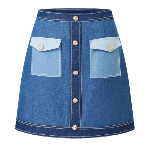 Edward Achour Multi Denim Skirt with Gold Buttons Timeless Martha's Vineyard 