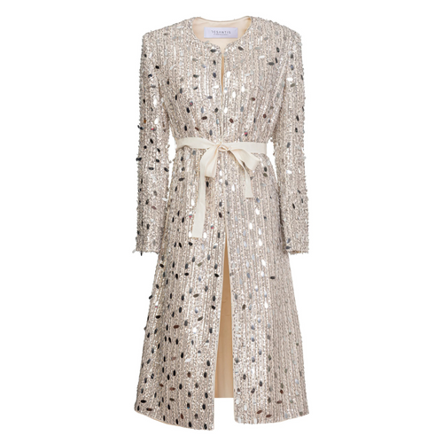 DESANTIS Silver Embellished Sequins Cream Dress Coat Timeless Martha's Vineyard 