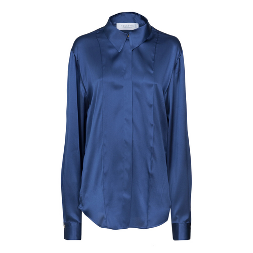 DESANTIS Silk Button Down Deep Blue Oversized Blouse Timeless Martha's Vineyard 