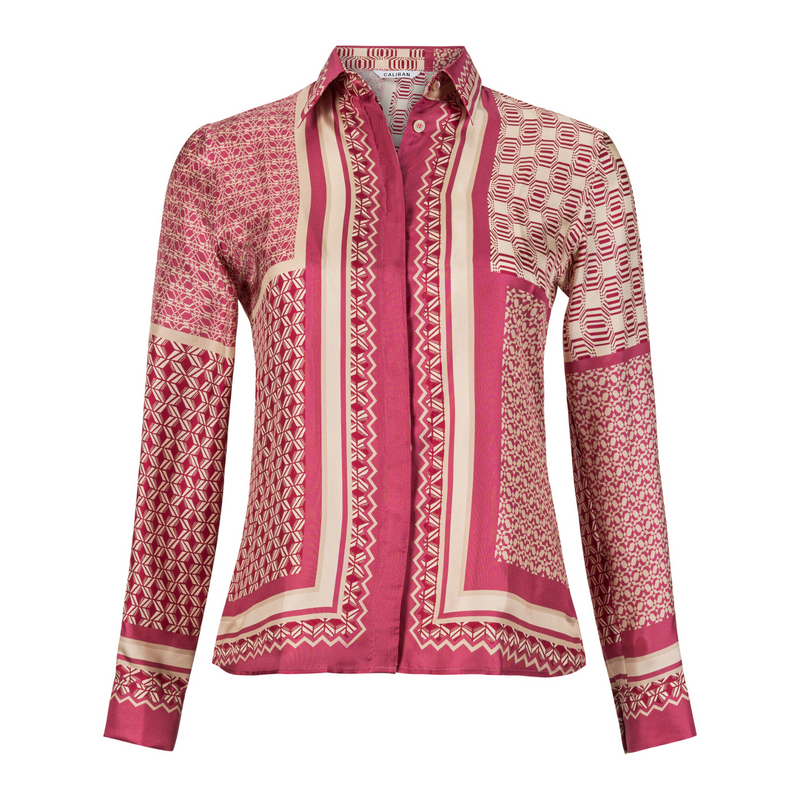 Geometrical Silk Button Down Blouse - Pink + Cream