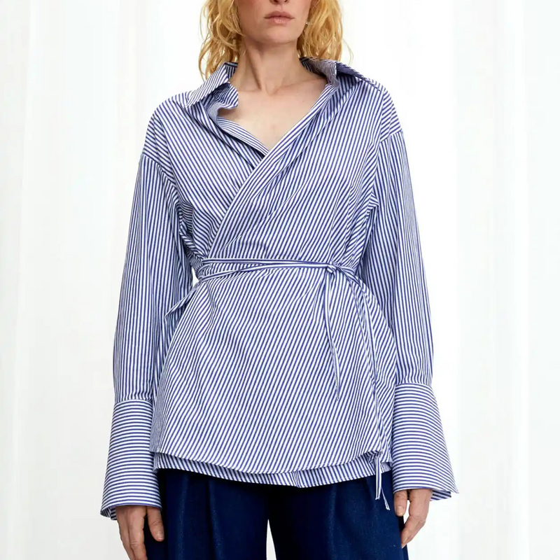 Love Revisited Striped Wrap Shirt - Blue + White
