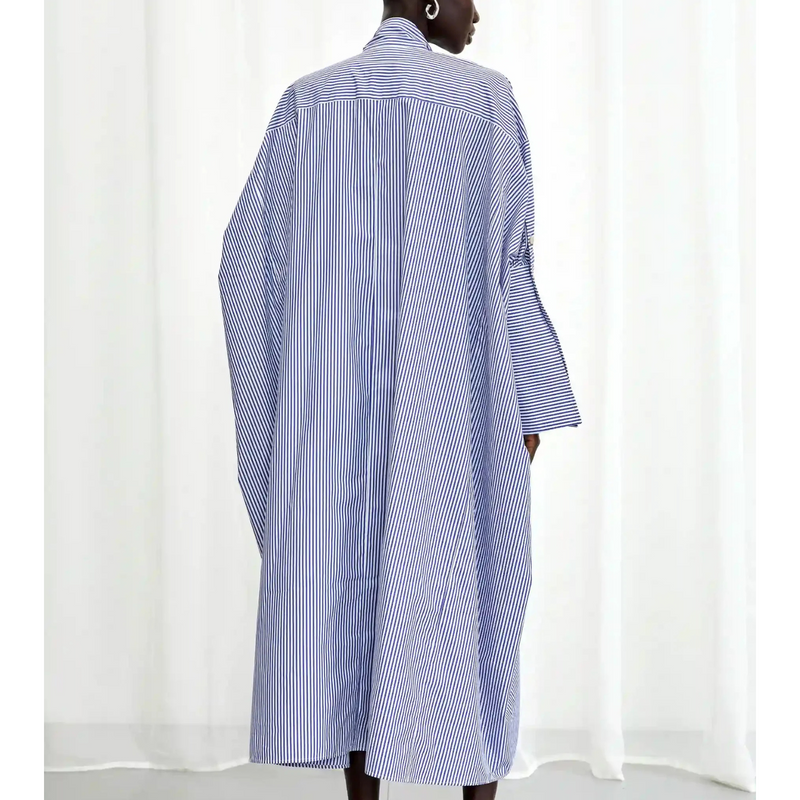 Emotive Striped Oversized Cotton Dress - Blue + White
