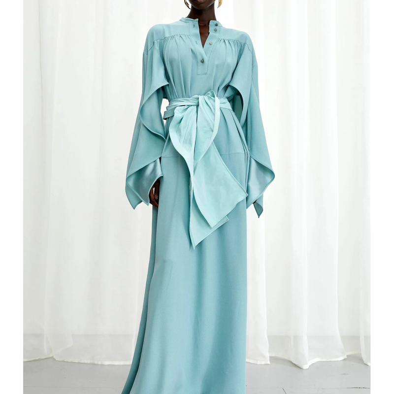 Waves Crepe Draped Gown - Aqua
