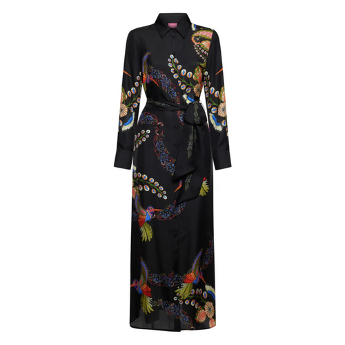 Franco Ferrari Aloe Black Hummingbird Print Silk Dress Timeless Martha's Vineyard