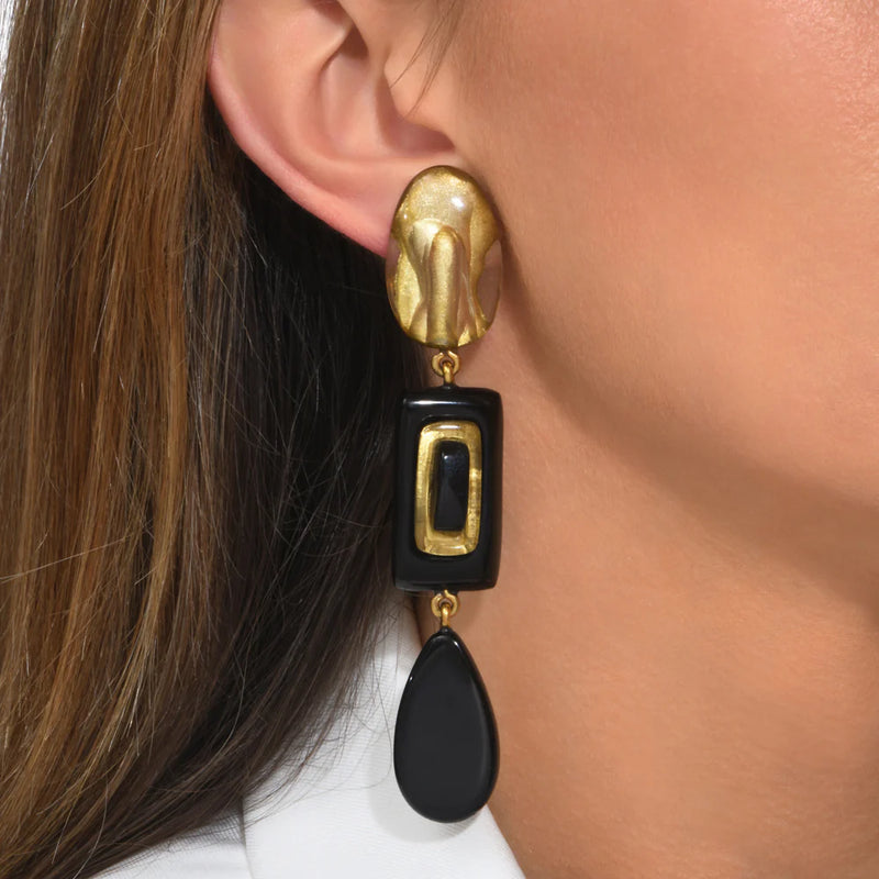 Marcia Resin Drop Clip Earring - Black + Gold