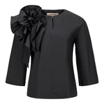 Natan Ange Floral Shoulder Ruffle Black Cotton Blouse Timeless Martha's Vineyard 