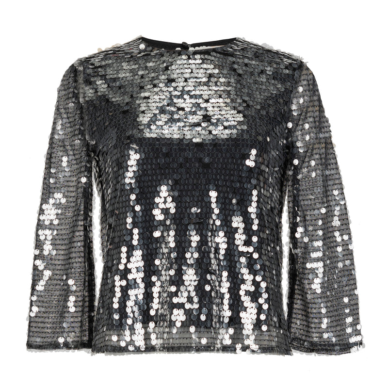 Natan Brume Grey Sequins Short Sleeve Mesh Top  Timeless Martha's Vineyard 