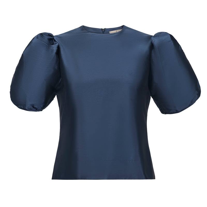 Fitted Puff Sleeve Taffeta Blouse - Midnight Blue