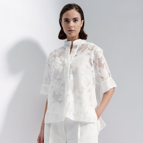 
Natan White Floral Crunch Embroidered V-Neck Blouse Timeless Martha's Vineyard 
