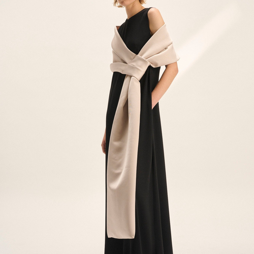 Natan Dapi Silk Long Stole in Black and Oyster Grey Timeless Martha's Vineyard 