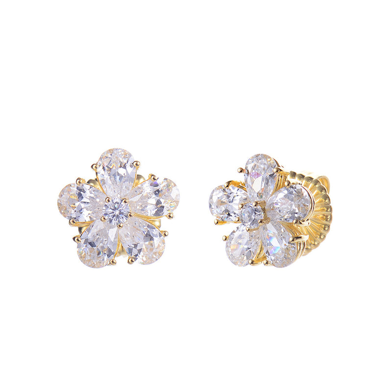 Flower Shape CZ Stud Earrings - Gold