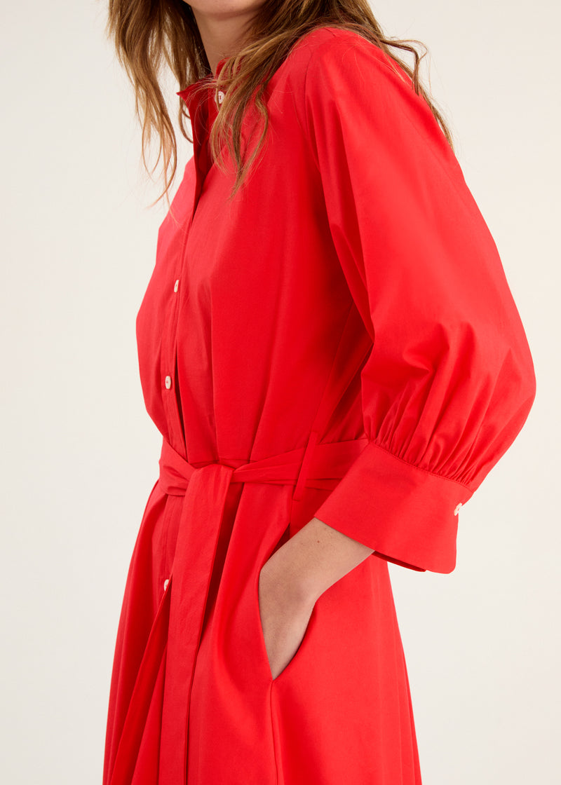 Rosso35 Red Belted Shirt Dress with Puffed Sleeves Timeless Martha's Vineyard