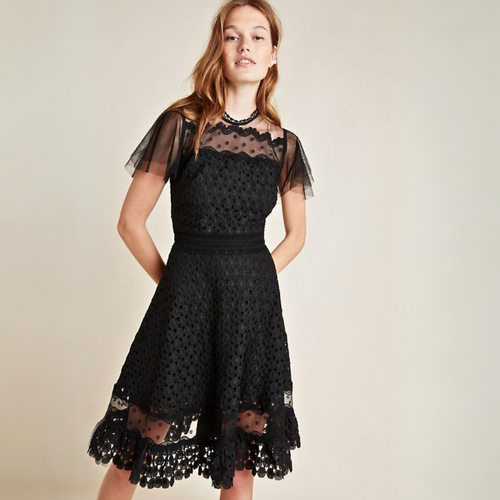 Shoshanna Brynn Fit and Flare Dress - Black Tulle and Lace Timeless Martha's Vineyard