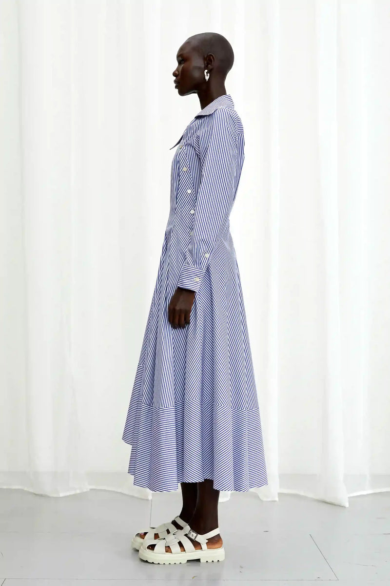 Hold Close Striped Cotton Shirt Dress - Blue + White