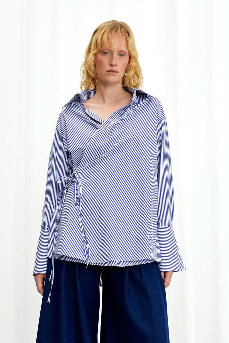 Love Revisited Striped Wrap Shirt - Blue + White