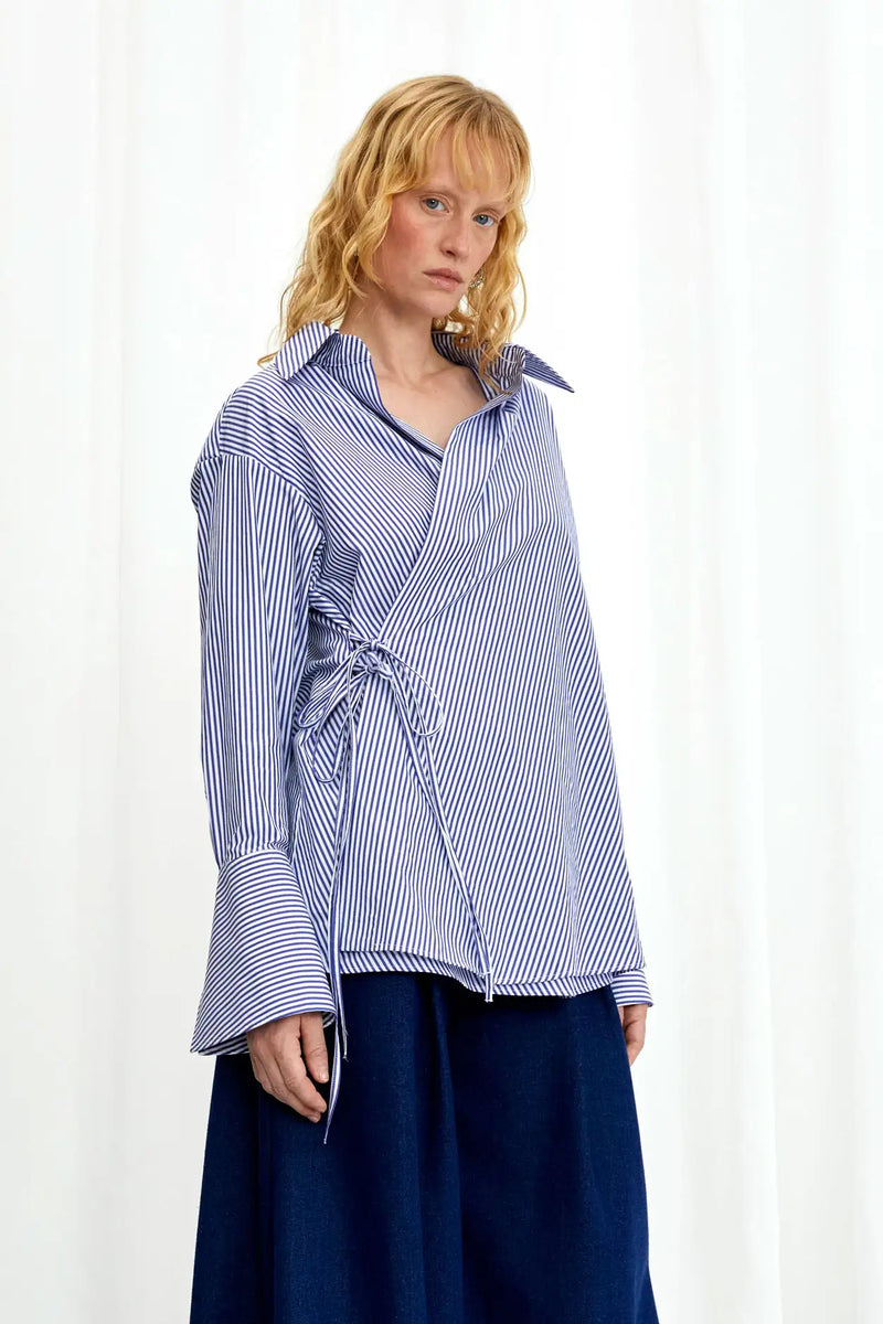 Love Revisited Striped Wrap Shirt - Blue + White
