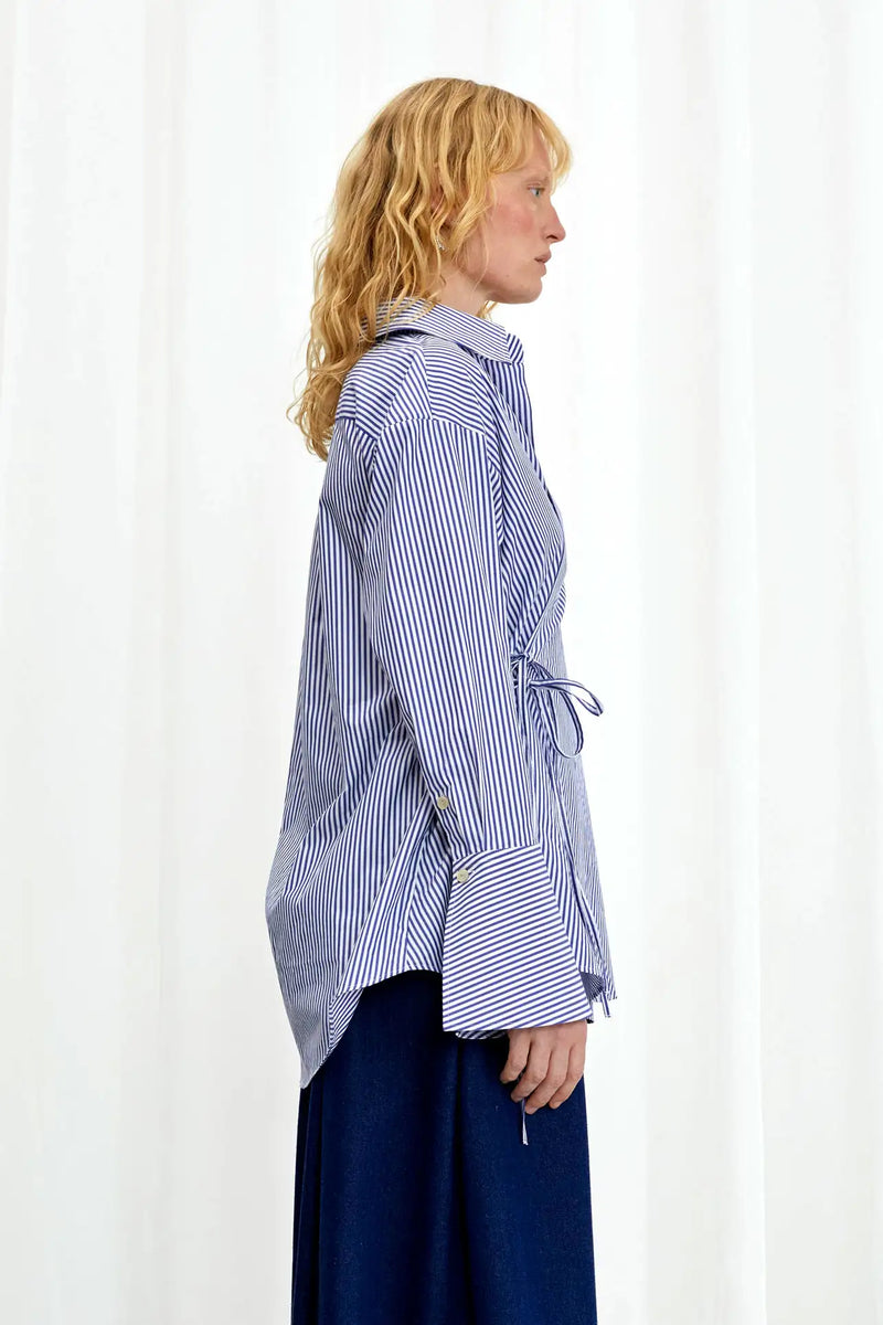 Love Revisited Striped Wrap Shirt - Blue + White